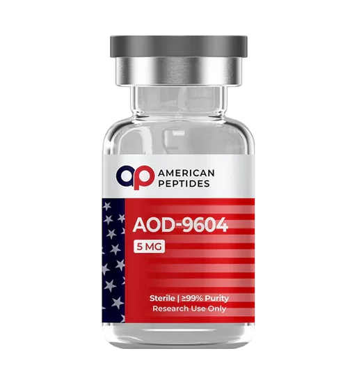 Vial of American Peptides AOD-9604 research compound for cellular laboratory evaluation. Take 10% off with coupon code ROBERTO10.