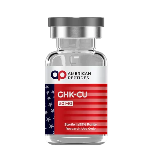 Vial of American Peptides GHK-Cu copper peptide compound for scientific laboratory research. Take 10% off with coupon code ROBERTO10.