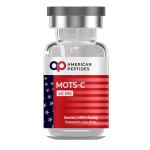 American Peptides Mots-c Research Peptide Vial Vial of American Peptides Mots-c research peptide compound on a laboratory setup. Take 10% off with coupon code ROBERTO10.
