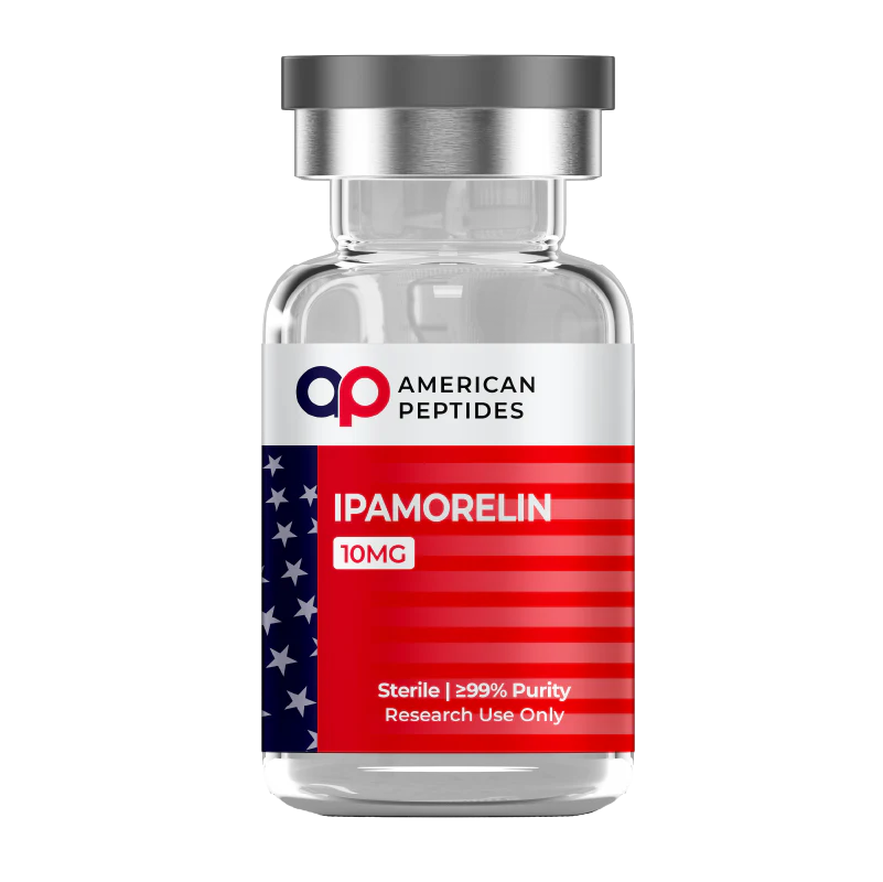 Vial of American Peptides Ipamorelin research peptide grade compound for laboratory studies. Take 10% off with coupon code ROBERTO10.