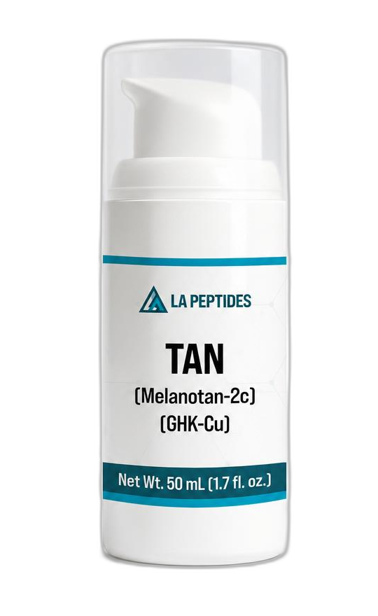 TAN topical research lotion bottle combining Melanotan II and GHK-Cu by LA Peptides